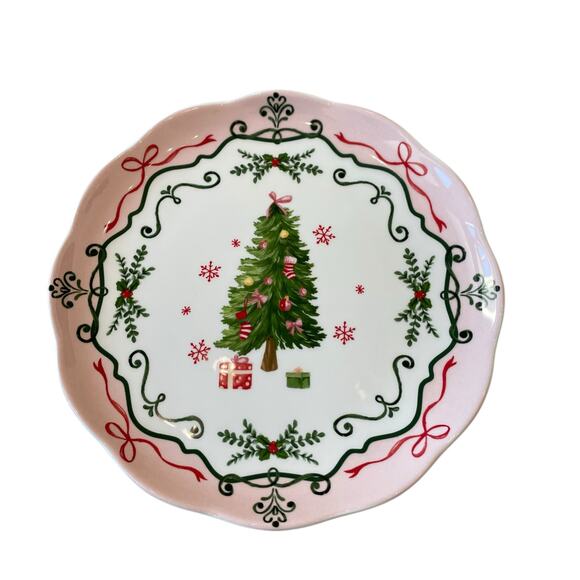 4 Potter's Studio CHRISTMAS TREE PINK Salad Plates 9in Ceramic Bows Holiday New - Picture 12 of 16
